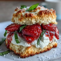 Golden Strawberry Basil Shortcake Biscuits piled high with fresh berries and cream.