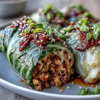Steaming hot Korean Cabbage Rolls, beautifully arranged with a sweet and spicy dipping sauce.
