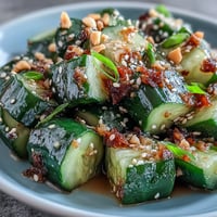 Vibrant smashed cucumber salad with chili oil, bursting with fresh, tangy Asian flavors.