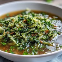 Steaming Spring Detox Cabbage Soup bowl with fresh herbs and lemon wedge.
